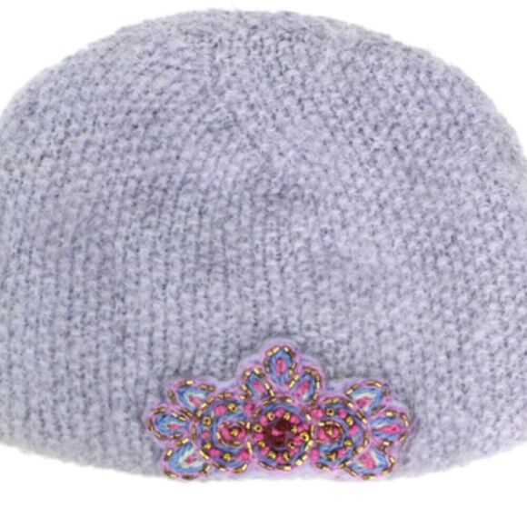 French Knot Gray Wool Beanie with Purple Embellishment in One Size - Picture 1 of 8